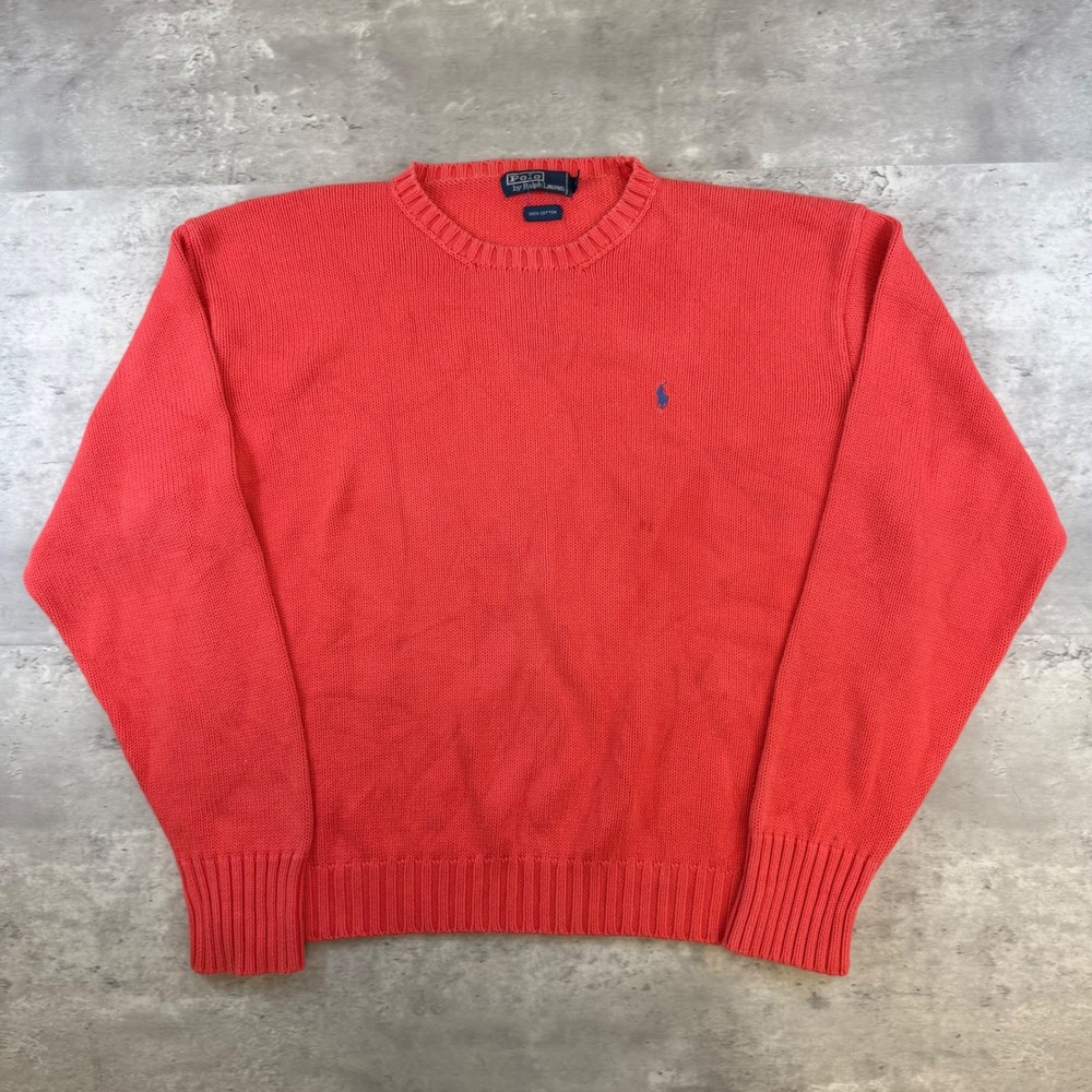 Polo Ralph Lauren Mens XXL Coral Orange Cotton Knit Crewneck Sweater Blue Pony